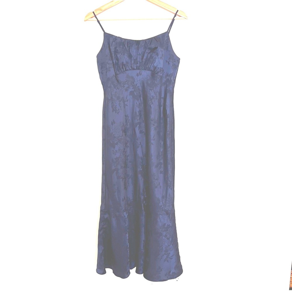 Navy Blue‎ Floral Jacquard Satin Midi Dress Goth Fairy Festival Womens's Small